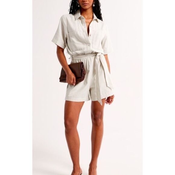NWOT Abercrombie & Fitch Beige Linen Utility Linen Blend Romper Playsuit in Ston - Picture 1 of 12